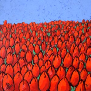 alt="Schilderij 'Field II' – expressief acrylschilderij (25x25 cm) van een uitgestrekt rood tulpenveld onder een helderblauwe lucht. Krachtige contrasten en dynamisch perspectief."