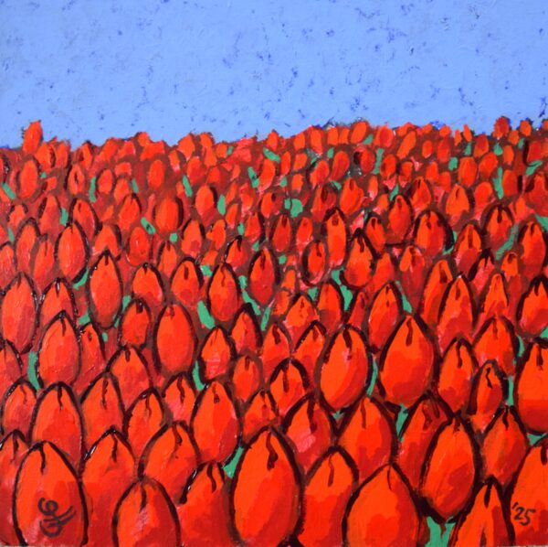 alt="Schilderij 'Field II' – expressief acrylschilderij (25x25 cm) van een uitgestrekt rood tulpenveld onder een helderblauwe lucht. Krachtige contrasten en dynamisch perspectief."