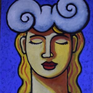 alt="Schilderij 'Head in a Cloud' – expressief olieverfschilderij (50x40 cm) van een vrouw met gesloten ogen, haar hoofd versierd met wolkvormen. Blauwe achtergrond met warme goud- en roodtinten. Dromerige en symbolische uitstraling."