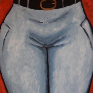 alt="Schilderij 'Malegaze Blue Jeans' – expressief olieverfschilderij (50x40 cm) van een close-up van een vrouwelijk onderlichaam in een blauwe jeans met zwarte riem, tegen een rode achtergrond. Een krachtig statement over perspectief en blik."