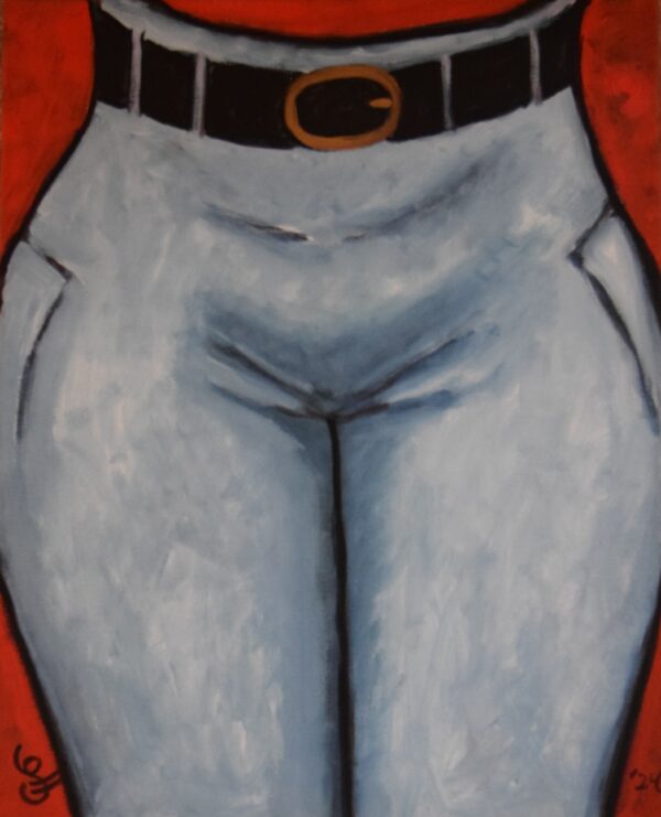 alt="Schilderij 'Malegaze Blue Jeans' – expressief olieverfschilderij (50x40 cm) van een close-up van een vrouwelijk onderlichaam in een blauwe jeans met zwarte riem, tegen een rode achtergrond. Een krachtig statement over perspectief en blik."