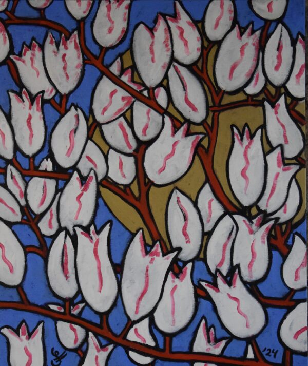 Schilderij "Mighty Magnolia" – expressief olieverfschilderij (50x50 cm) met witte magnoliabloemen tegen een diepblauwe achtergrond, verrijkt met gouden accenten. Een harmonieus en krachtig kunstwerk.