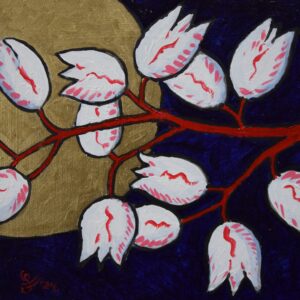 alt="Schilderij 'Sleeping Birds' – expressief acrylschilderij (25x25 cm) van twee felrode vogels met gesloten ogen op een groene tak, onder een nachtelijke sterrenhemel. Warme kleuren en dromerige sfeer."