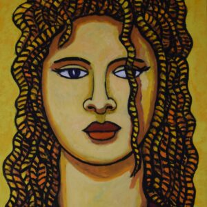 alt="Schilderij 'Young Medusa' – expressief olieverfschilderij (50x40 cm) van een jonge vrouw met vlechtachtig haar in warme gele en oranje tinten. Moderne interpretatie van de Medusa-mythe."