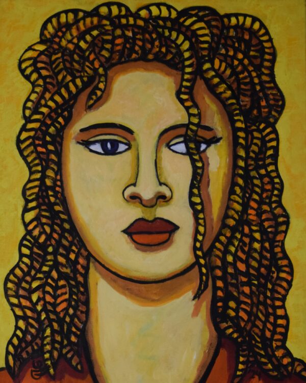alt="Schilderij 'Young Medusa' – expressief olieverfschilderij (50x40 cm) van een jonge vrouw met vlechtachtig haar in warme gele en oranje tinten. Moderne interpretatie van de Medusa-mythe."