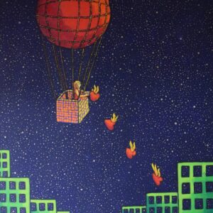 alt="Bombing the world with love – olieverfschilderij van Jacques Tange met vurige harten die uit een luchtballon neerdalen boven een stad, 140x100 cm"