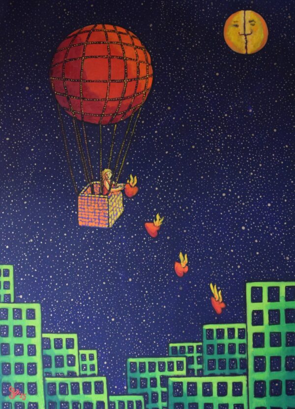 alt="Bombing the world with love – olieverfschilderij van Jacques Tange met vurige harten die uit een luchtballon neerdalen boven een stad, 140x100 cm"