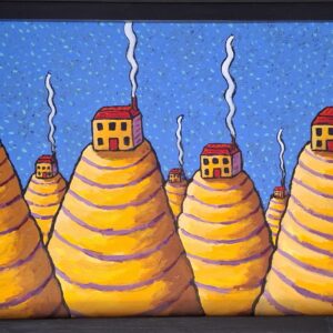 alt="Earl fall in lonesome town – acrylschilderij van Jacques Tange met gele heuvels en huisjes met rookpluimen, 60x45 cm"