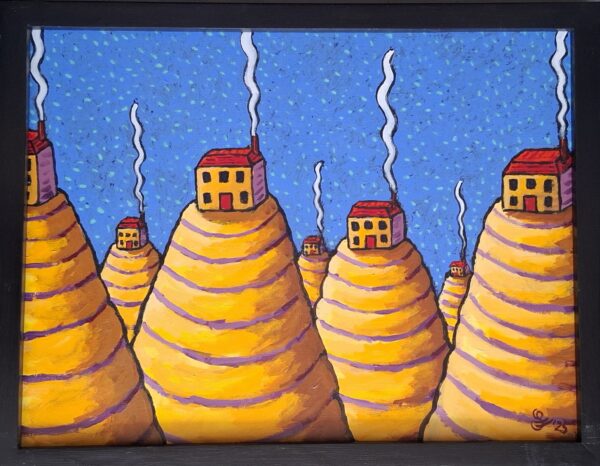 alt="Earl fall in lonesome town – acrylschilderij van Jacques Tange met gele heuvels en huisjes met rookpluimen, 60x45 cm"