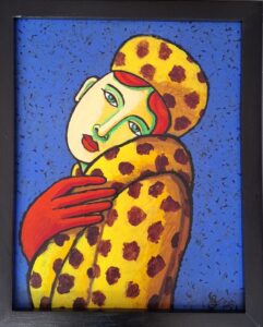 alt="Figuratief portret van Jacques Tange – persoon in gele jas en baret met rode accenten, 45x35 cm, acryl op board"

