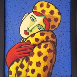 alt="Figuratief portret van Jacques Tange – persoon in gele jas en baret met rode accenten, 45x35 cm, acryl op board"