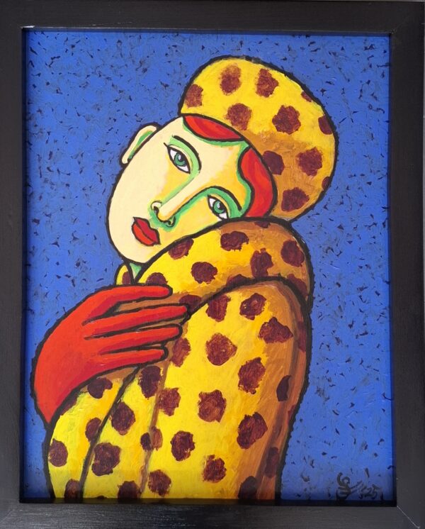 alt="Figuratief portret van Jacques Tange – persoon in gele jas en baret met rode accenten, 45x35 cm, acryl op board"