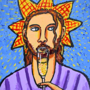alt="The Sun King is sipping champagne – kleurrijk acrylschilderij van Jacques Tange met zonnekoning die champagne drinkt, 25x20 cm"