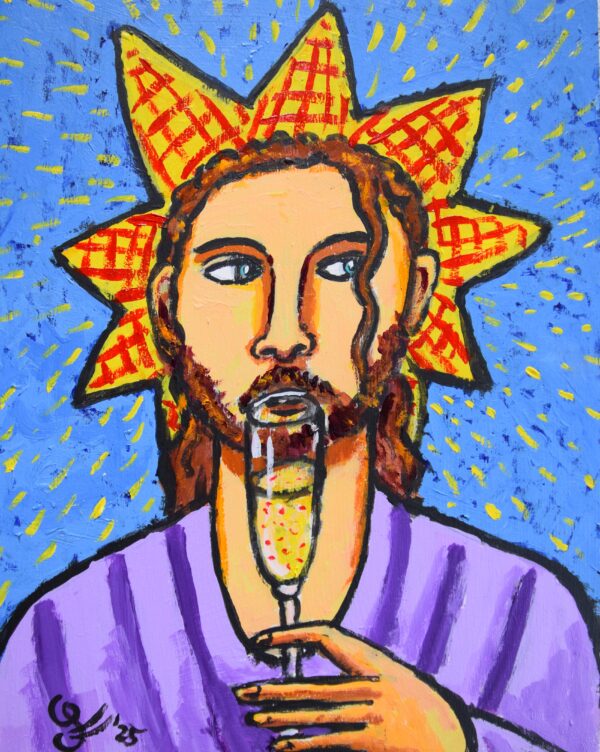 alt="The Sun King is sipping champagne – kleurrijk acrylschilderij van Jacques Tange met zonnekoning die champagne drinkt, 25x20 cm"
