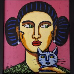 alt="The Pink Room – kleurrijk acrylschilderij van Jacques Tange met vrouwelijk portret en blauwe kat, 40x35 cm"