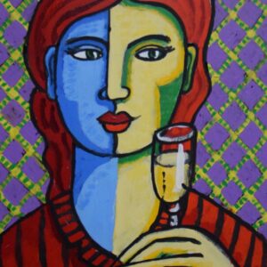 alt="A Hilton Breakfast – acrylschilderij van Jacques Tange met vrouwelijk portret in blauw en geel met glas champagne, 30x25 cm"