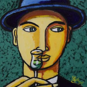 alt="A Good Smell is Half a Taste – acrylschilderij van Jacques Tange met man in blauwe hoed die aan een glas ruikt, 25x25 cm"